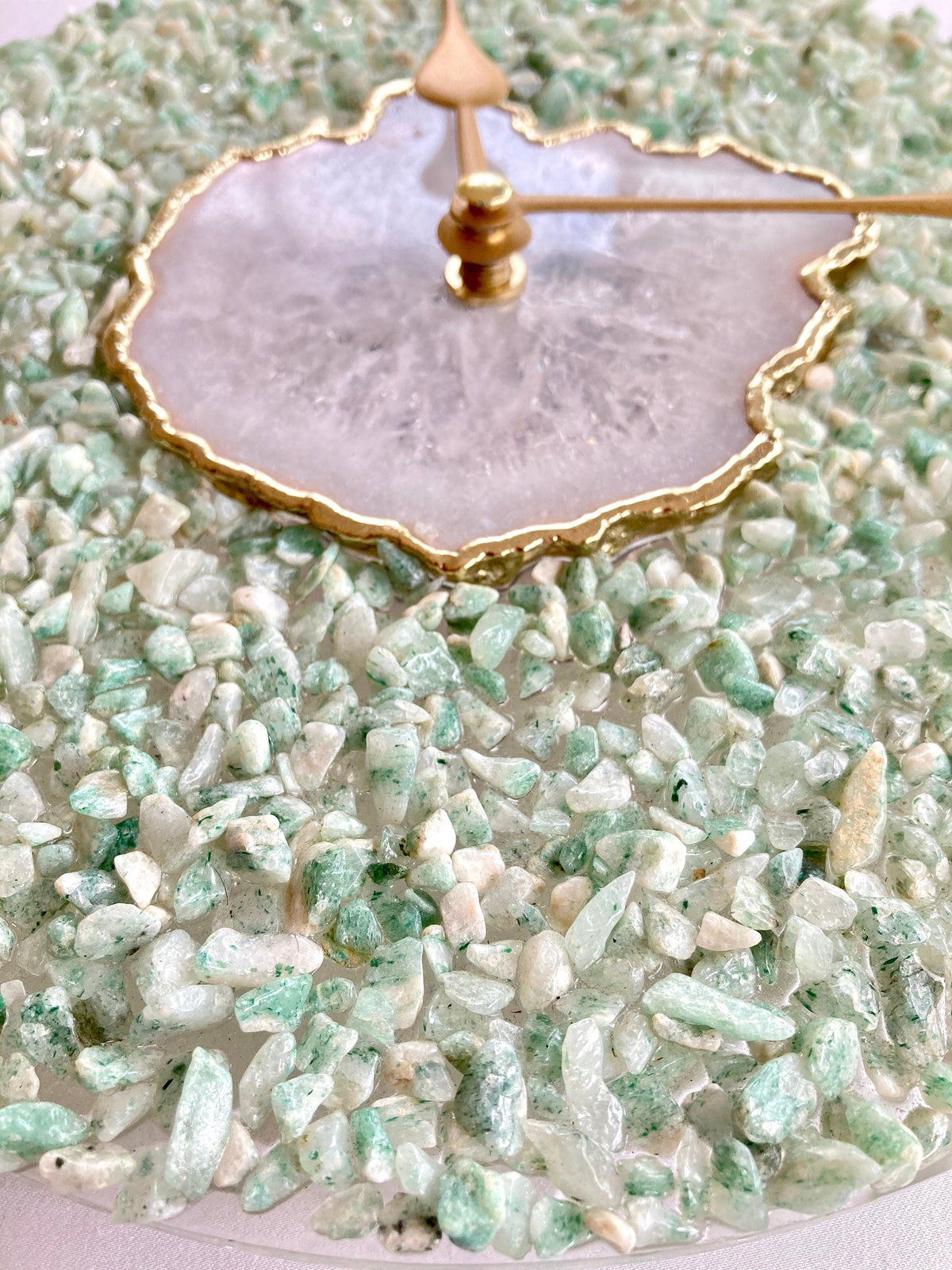 White Agate Wall Clock with Light Green Crystal Rim, 10 Inch-3