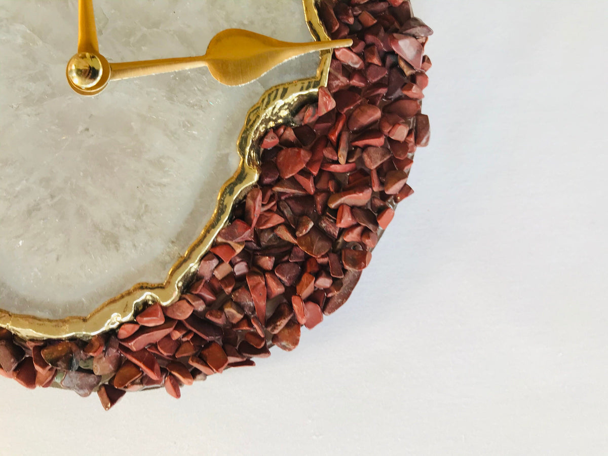 6" Diameter Burnt Red Crystal With White Agate Wall Clock