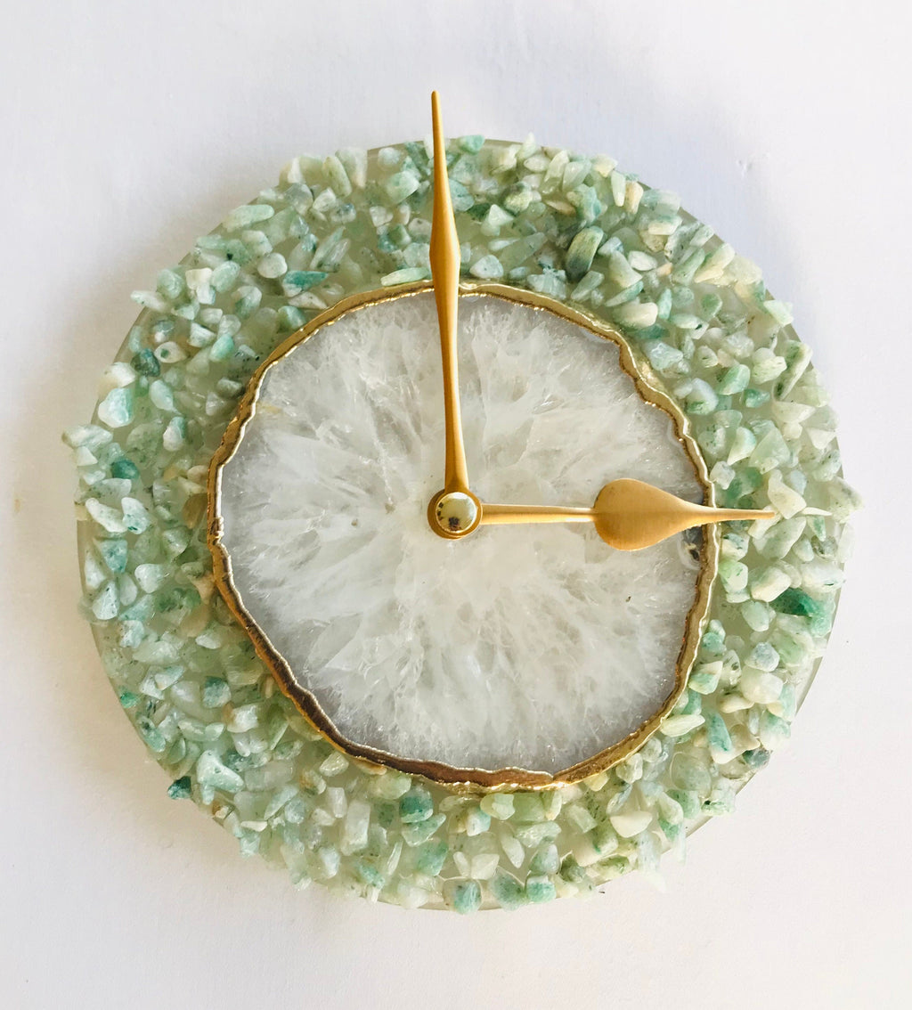 6" Diameter Light Green Crystal With White Agate Wall Clock