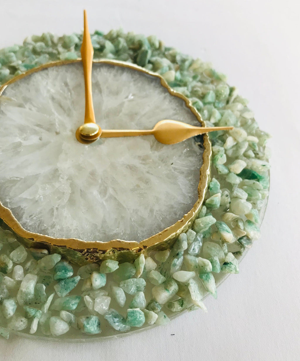6" Diameter Light Green Crystal With White Agate Wall Clock