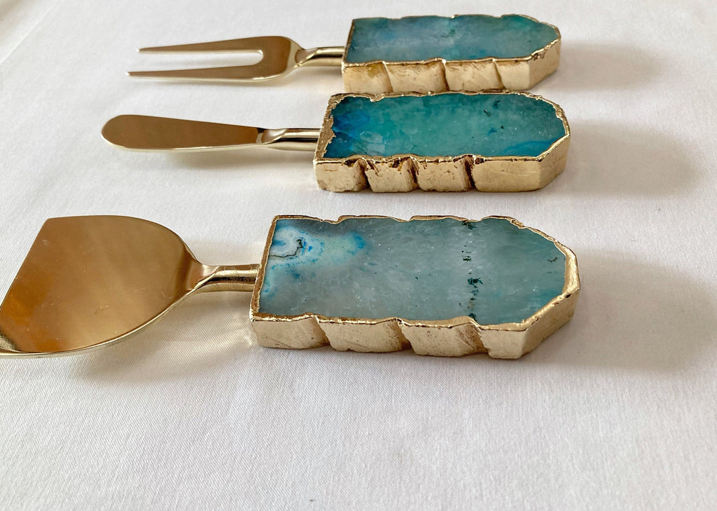 Set of 3 Aqua Agate Cheese Knives/Spreaders
