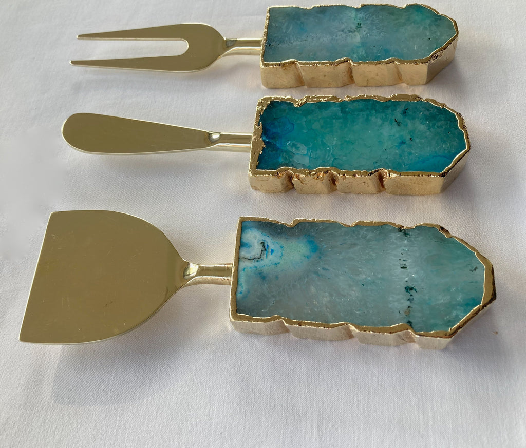 Set of 3 Aqua Agate Cheese Knives/Spreaders