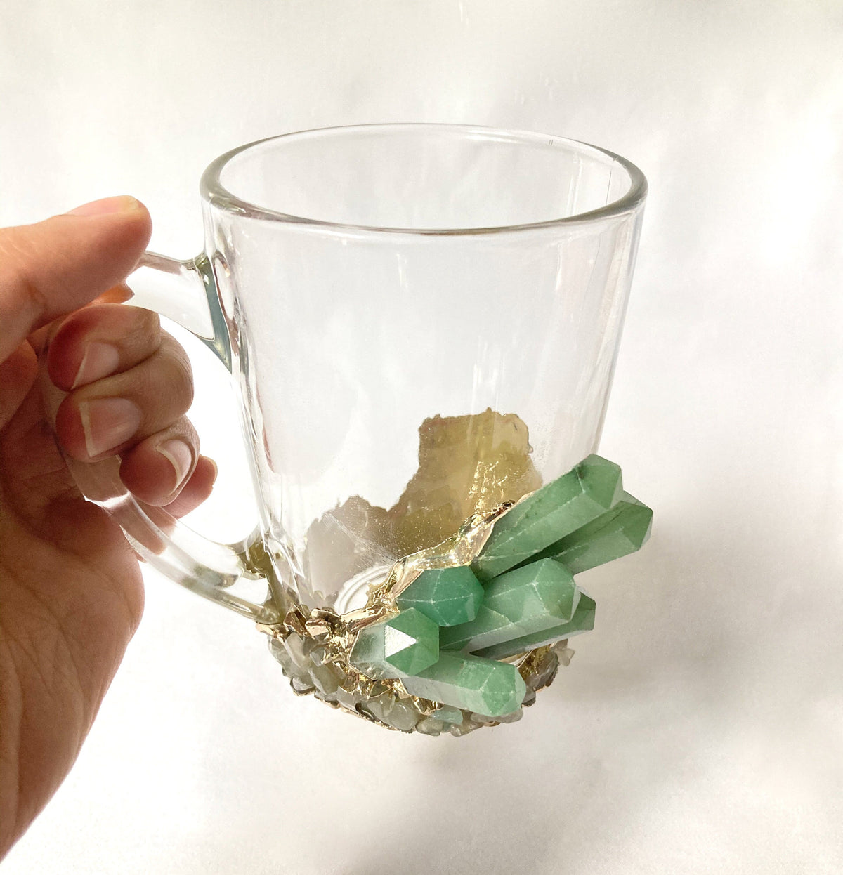 Crystal Coffee & Tea Glasses with Green Agate – Set of 1 or 2, 11 oz