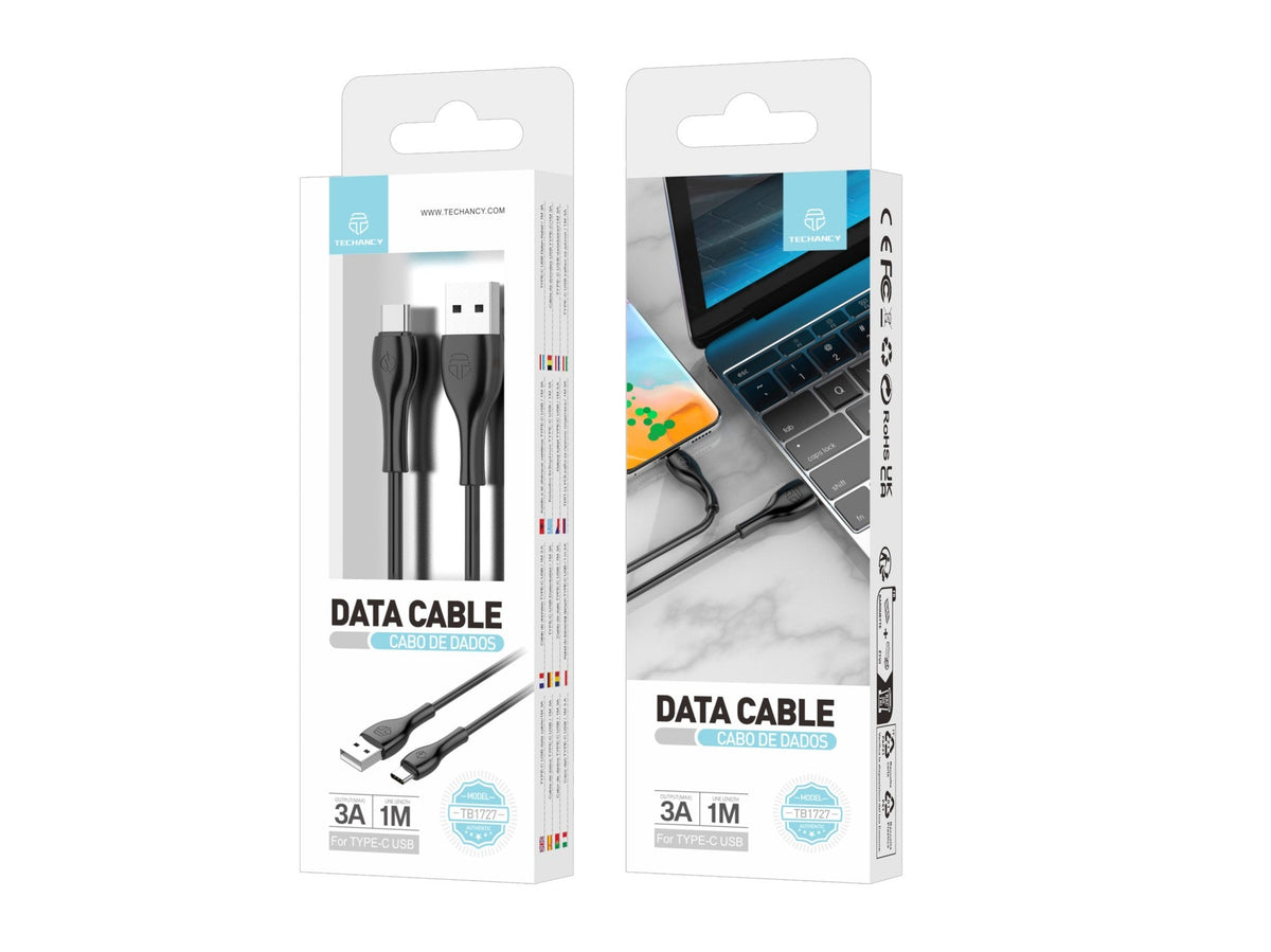 Techancy Cabo De Dados Rápido 3a TB1727, Conetor Usb-Tipo-c, 1 Metro De Comprimento Para Transferência De Dados, Preto