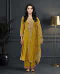 Mustard Yellow Floral Embroidered Kurta Set with Palazzo & Embroidered Organza Dupatta