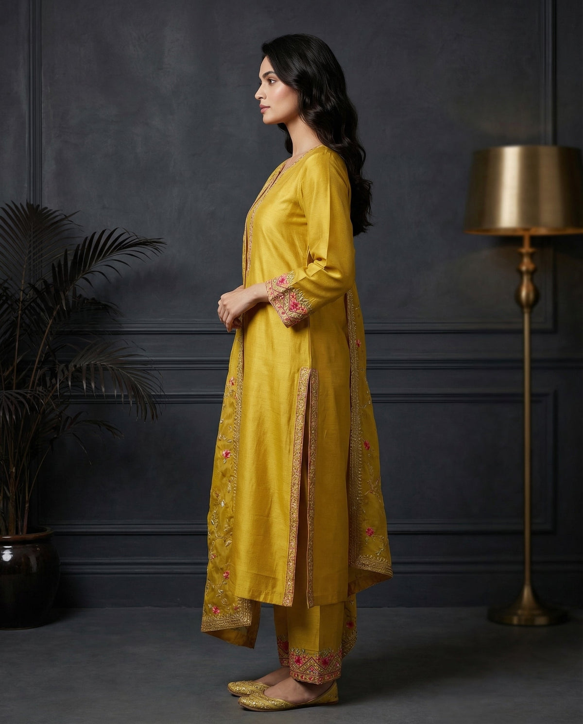 Mustard Yellow Floral Embroidered Kurta Set with Palazzo & Embroidered Organza Dupatta
