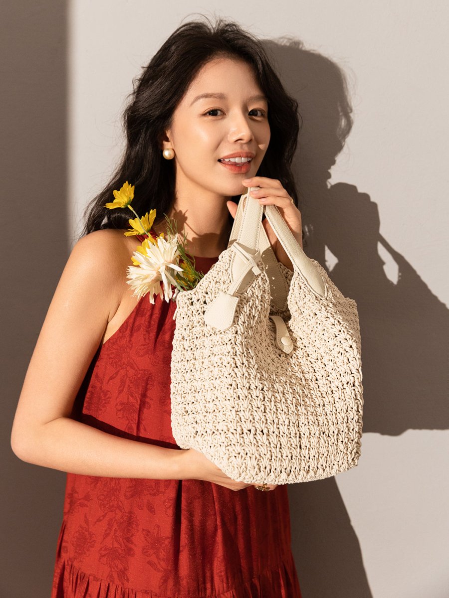 Italian Breeze Top Handle Bag – Artisan Crochet Woven Tote with Leather Trim & Drawstring Pouch - Top Handles at Dealshubindia