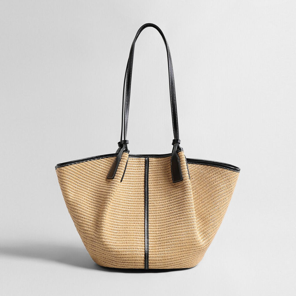 Large Paneled Woven Straw Tote Bag – Marte Grass Leather Trim Oversized Shoulder Tote - Totes at Dealshubindia