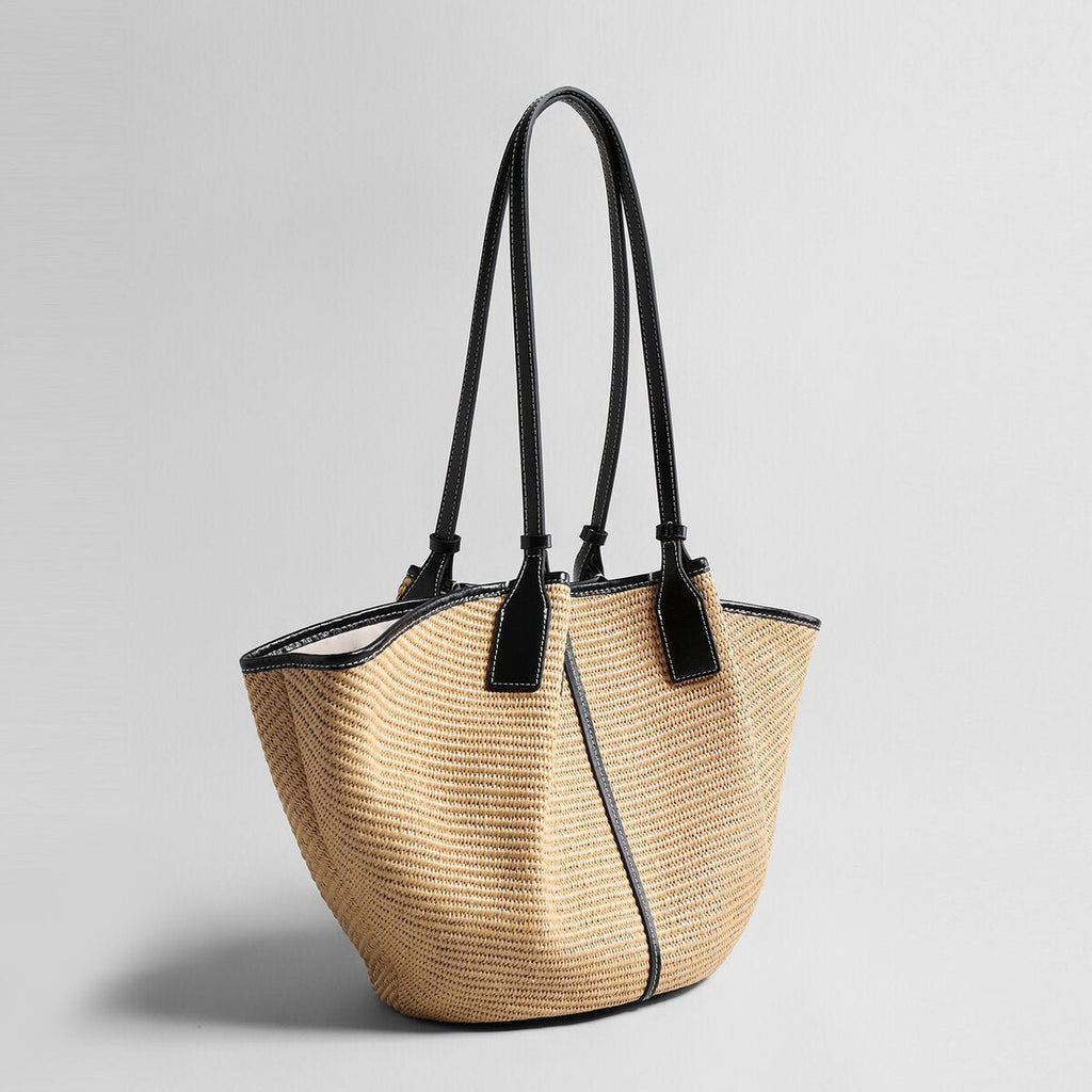 Large Paneled Woven Straw Tote Bag – Marte Grass Leather Trim Oversized Shoulder Tote - Totes at Dealshubindia