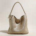 Lumière Woven Metallic Leather Hobo Tote – Handcrafted Champagne Shoulder Bag with Star Charm - Totes at Dealshubindia