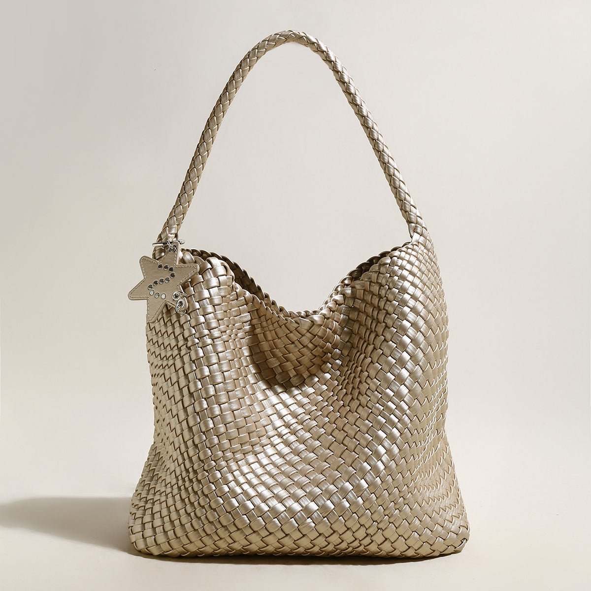 Lumière Woven Metallic Leather Hobo Tote – Handcrafted Champagne Shoulder Bag with Star Charm - Totes at Dealshubindia