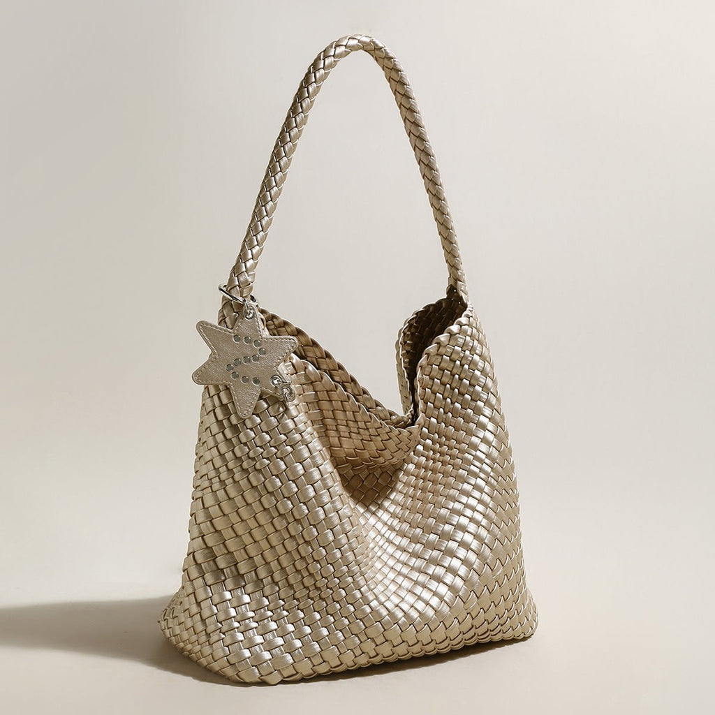 Lumière Woven Metallic Leather Hobo Tote – Handcrafted Champagne Shoulder Bag with Star Charm - Totes at Dealshubindia