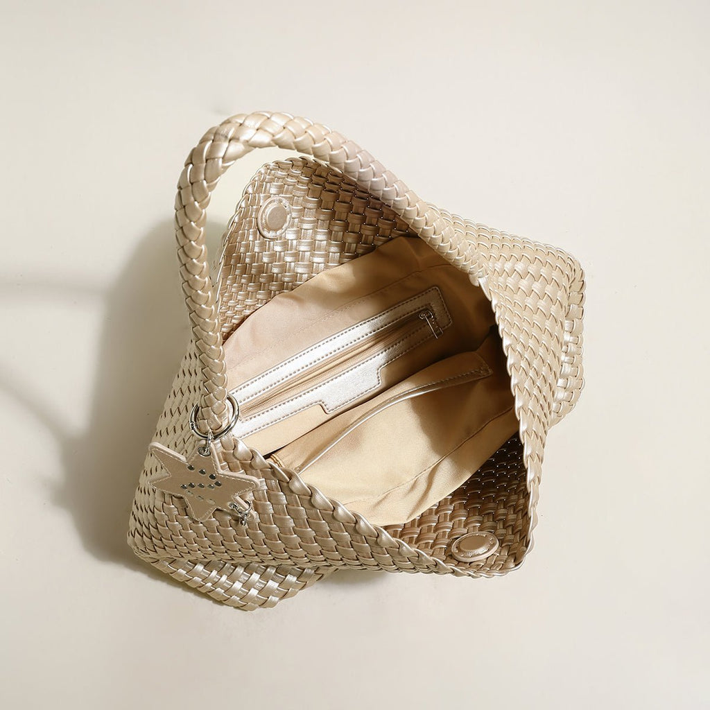 Lumière Woven Metallic Leather Hobo Tote – Handcrafted Champagne Shoulder Bag with Star Charm - Totes at Dealshubindia