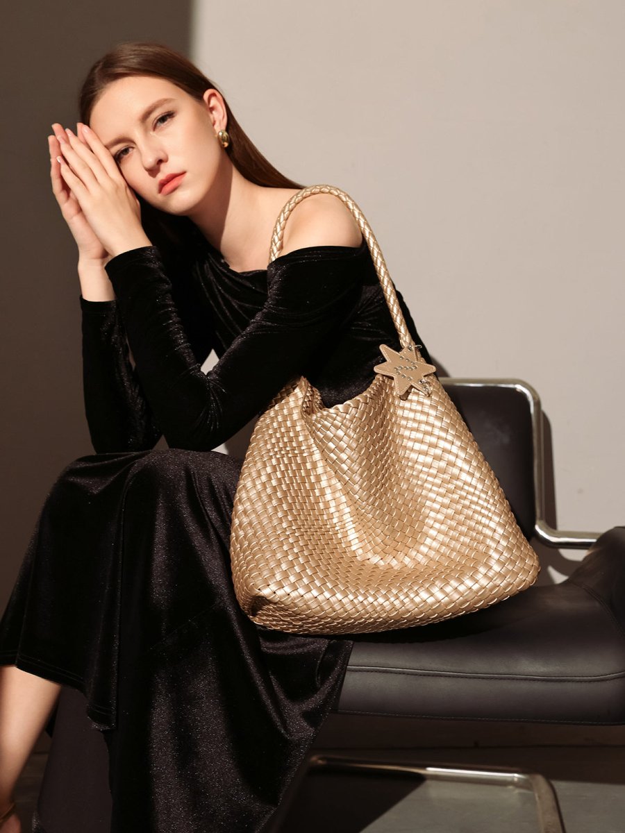 Lumière Woven Metallic Leather Hobo Tote – Handcrafted Champagne Shoulder Bag with Star Charm - Totes at Dealshubindia