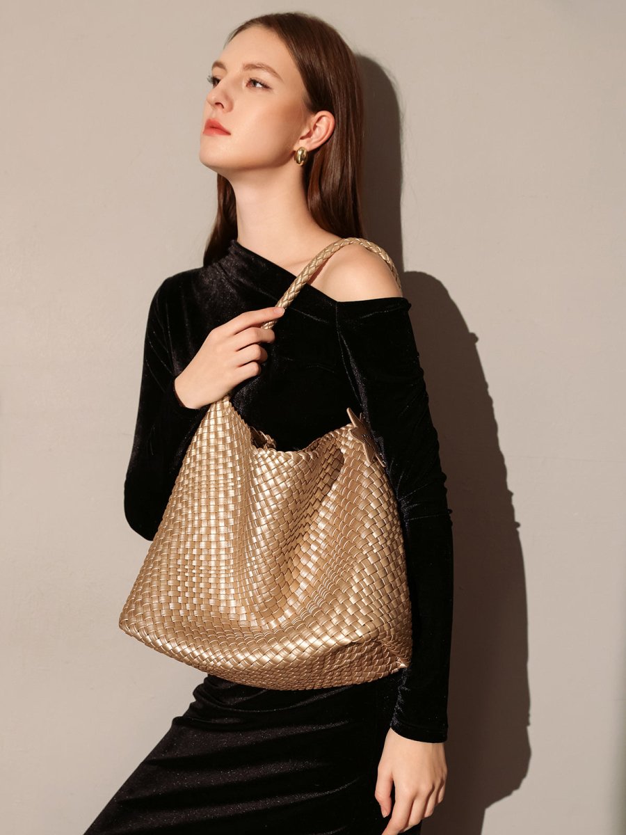 Lumière Woven Metallic Leather Hobo Tote – Handcrafted Champagne Shoulder Bag with Star Charm - Totes at Dealshubindia