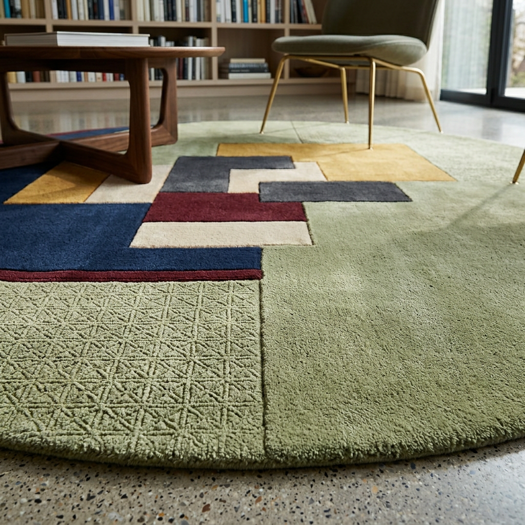 Hand Tufted Geometric Round Wool Rug | Olive Green & Navy | Lunette by Rugfine