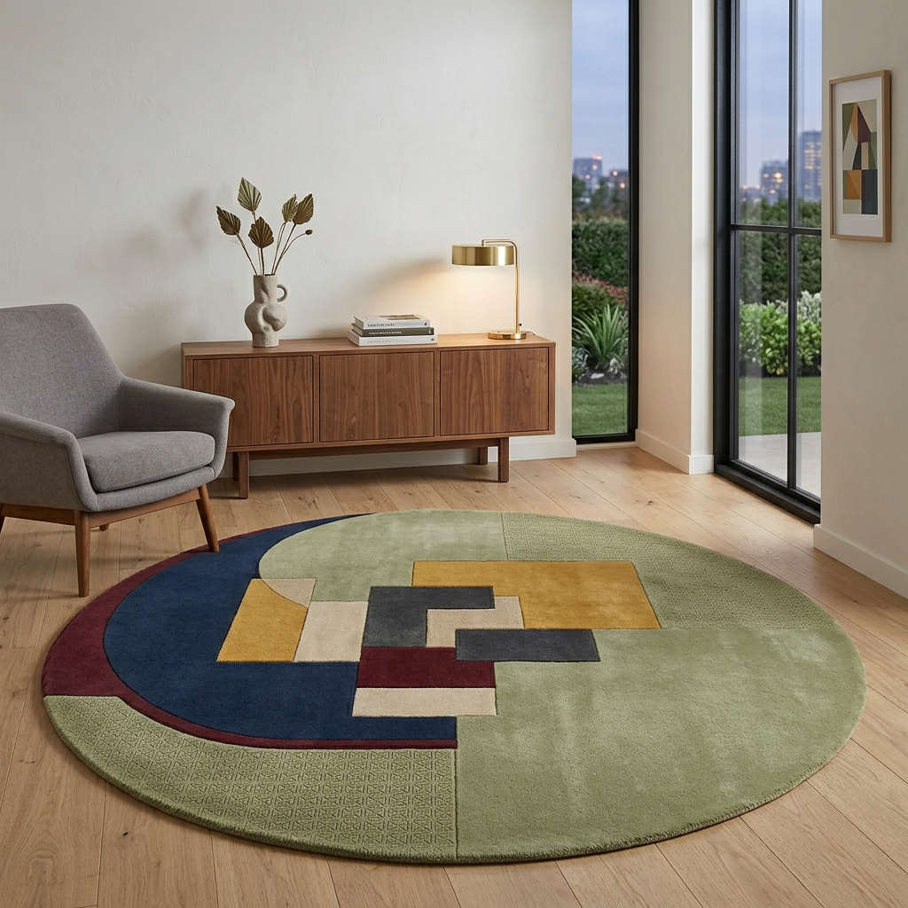 Hand Tufted Geometric Round Wool Rug | Olive Green & Navy | Lunette by Rugfine