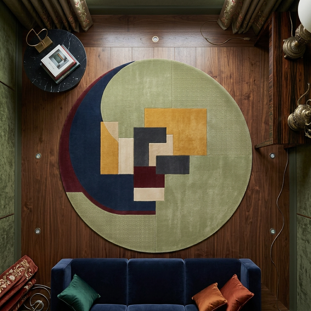 Hand Tufted Geometric Round Wool Rug | Olive Green & Navy | Lunette by Rugfine