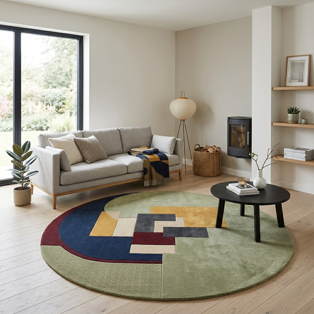 Hand Tufted Geometric Round Wool Rug | Olive Green & Navy | Lunette by Rugfine
