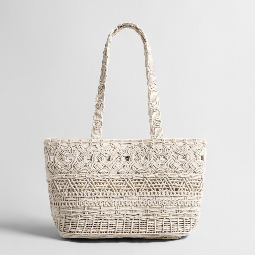 Macramé Woven Tote Bag – Handcrafted Cotton Rope Shoulder Bag with Inner Zipper Pouch - Totes at Dealshubindia