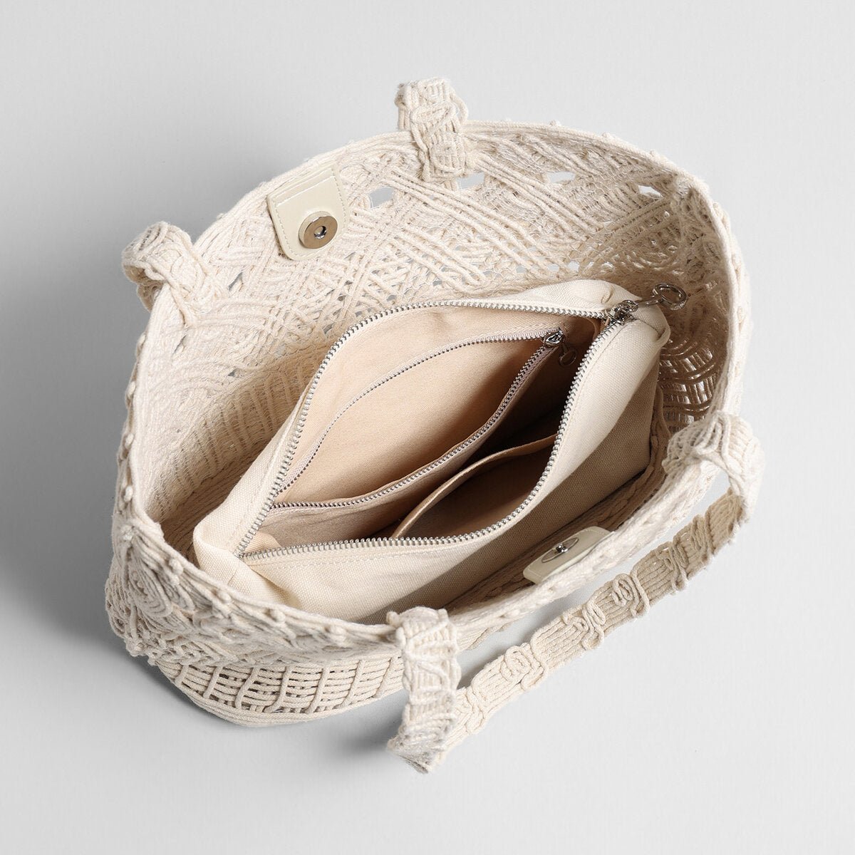 Macramé Woven Tote Bag – Handcrafted Cotton Rope Shoulder Bag with Inner Zipper Pouch - Totes at Dealshubindia