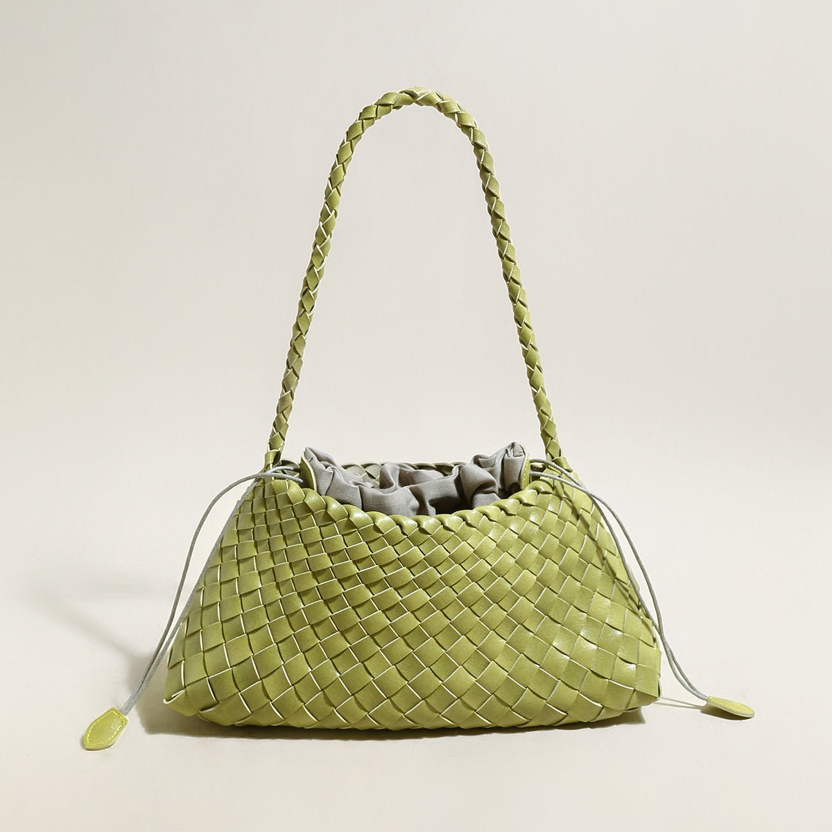 Mini Woven Trapezoid Drawstring Shoulder Bag – Handwoven Microfiber Leather Shoulder Bag - Shoulder Bags at Dealshubindia