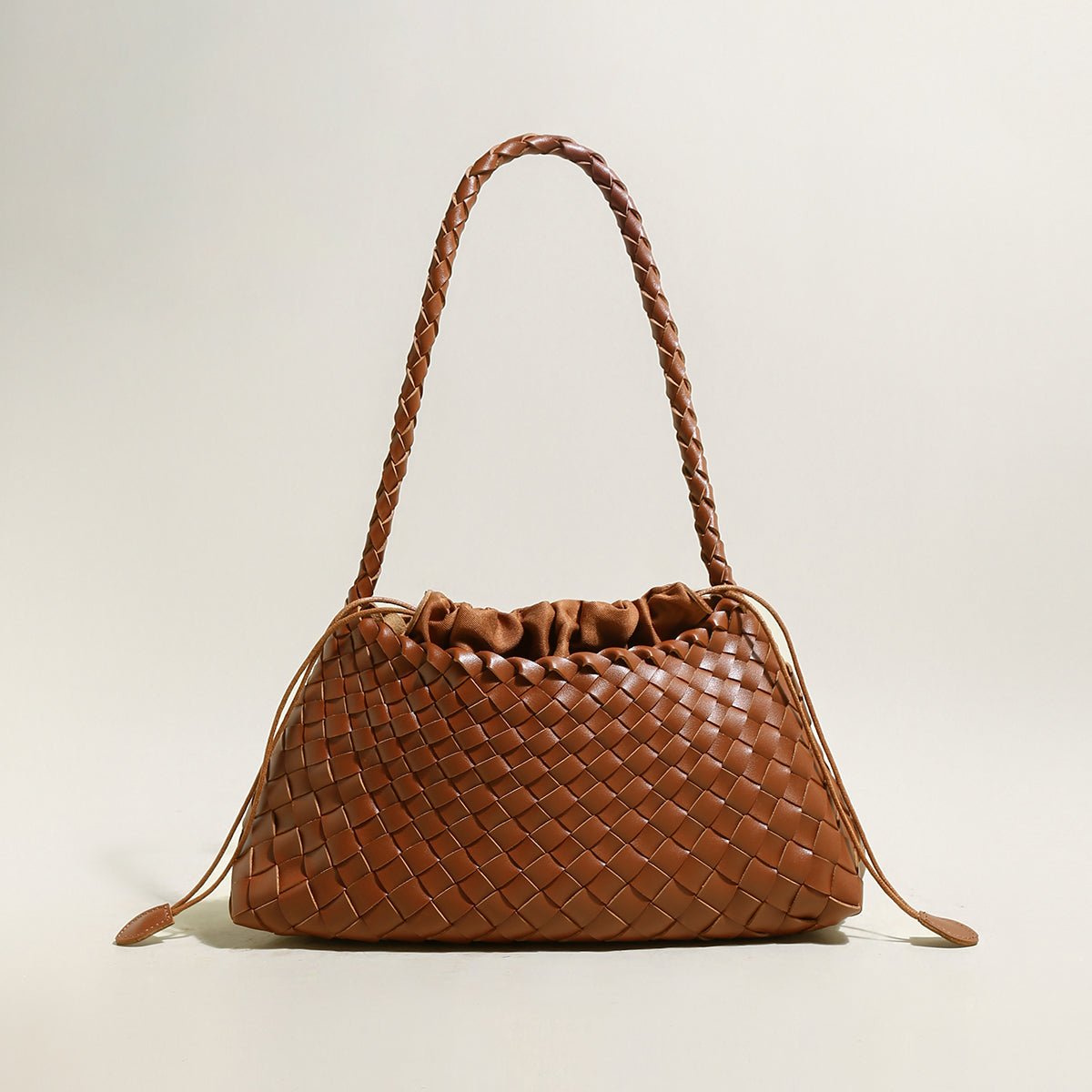 Mini Woven Trapezoid Drawstring Shoulder Bag – Handwoven Microfiber Leather Shoulder Bag - Shoulder Bags at Dealshubindia