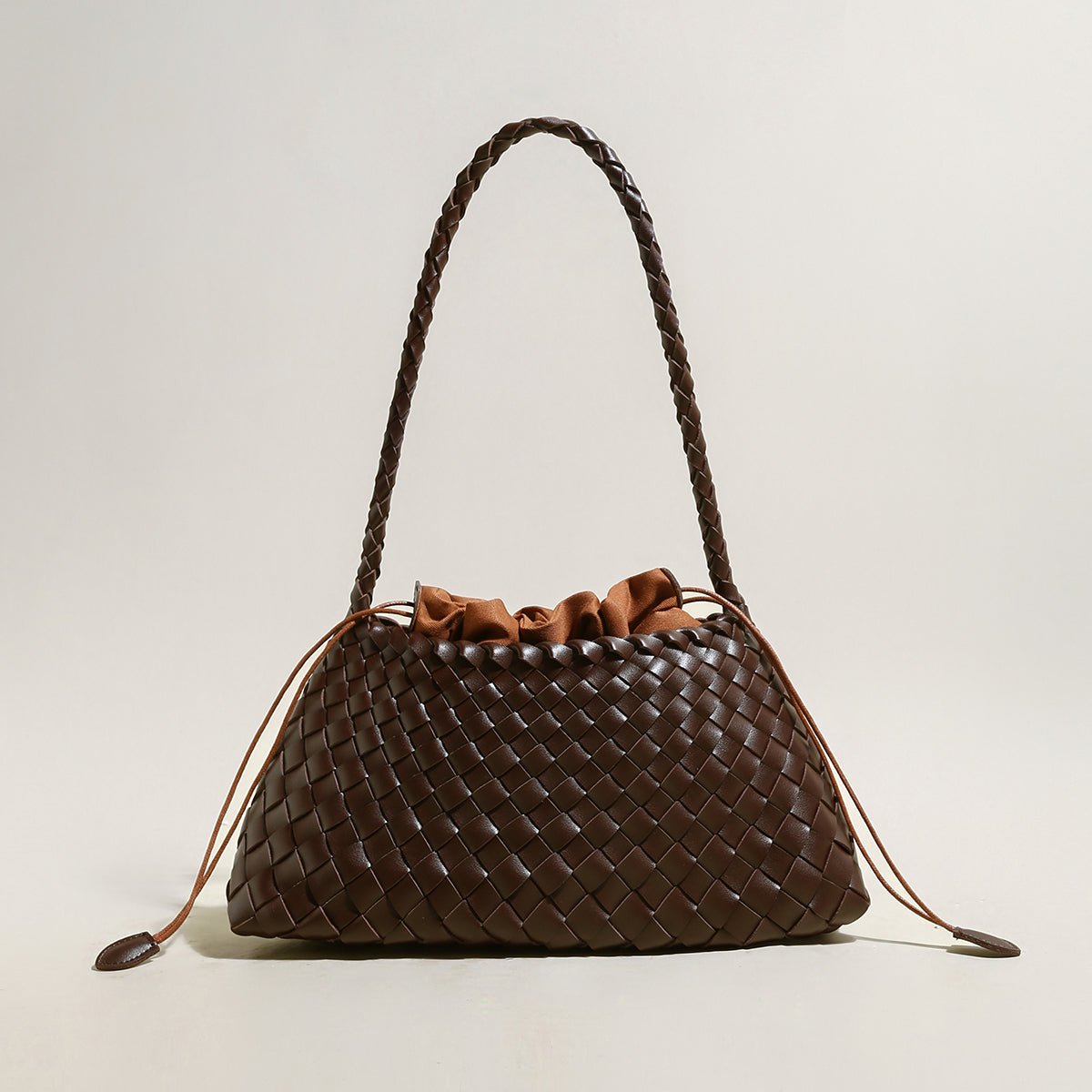 Mini Woven Trapezoid Drawstring Shoulder Bag – Handwoven Microfiber Leather Shoulder Bag - Shoulder Bags at Dealshubindia