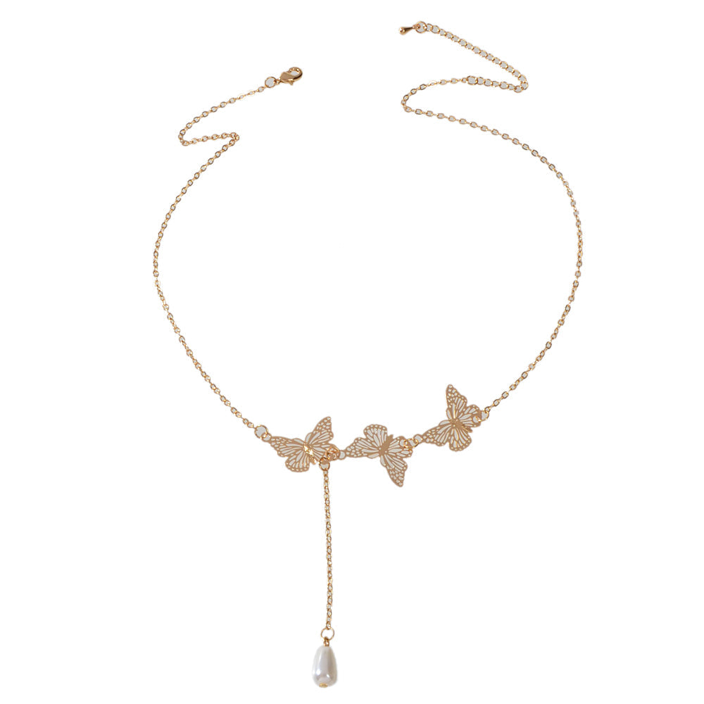 Designer Gold Butterfly Pearl Charm Personality Long Chain Dangle Y Necklace