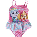 Girls one-piece star swimsuit with pink puppy print, ruffle skirt and back ties