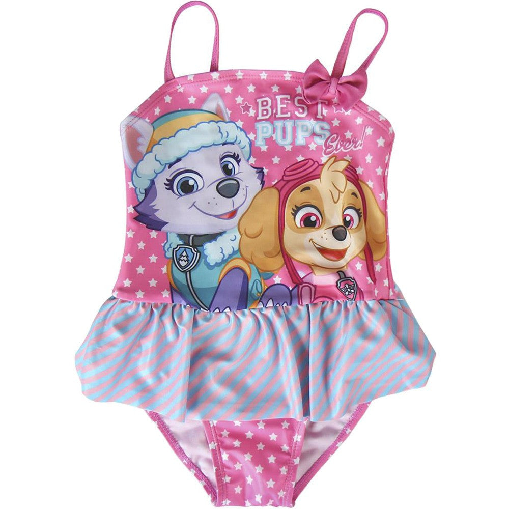 Girls one-piece star swimsuit with pink puppy print, ruffle skirt and back ties