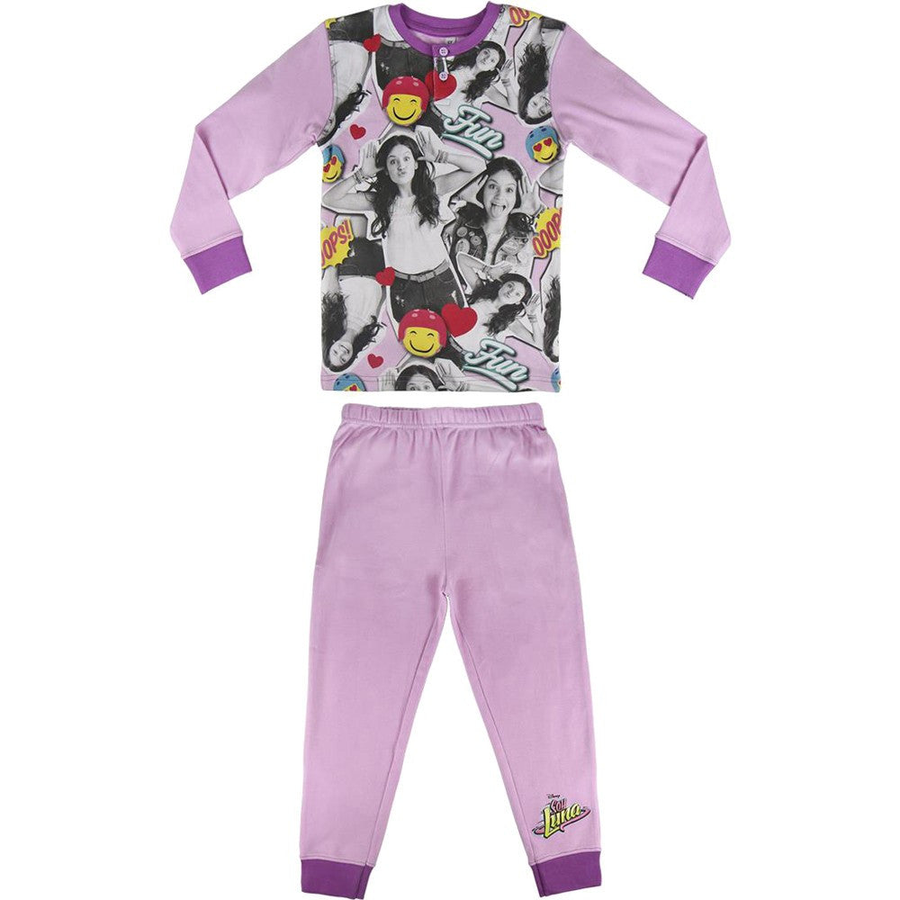 Lilac Soy Luna pajama set: collage long-sleeve top and matching cuffed pants