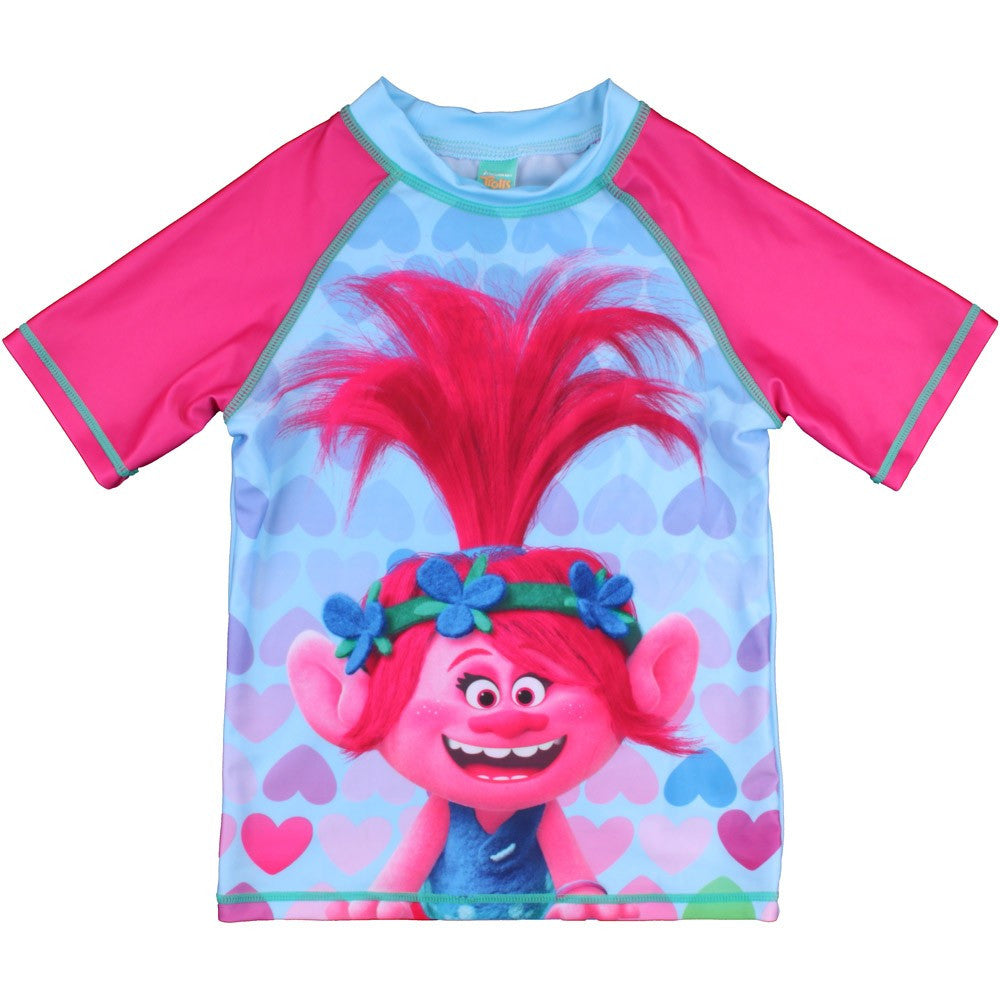 Kids' beach top with troll character graphic, light blue hearts, and pink sleeves