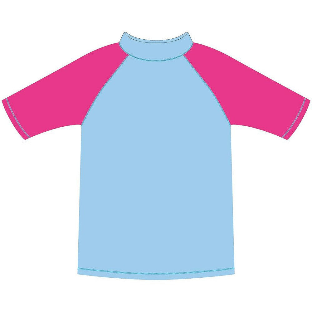 Light blue beach top with pink raglan sleeves and turquoise trim