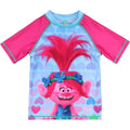 Kids beach rash guard top with troll graphic, light blue and pink raglan sleeves