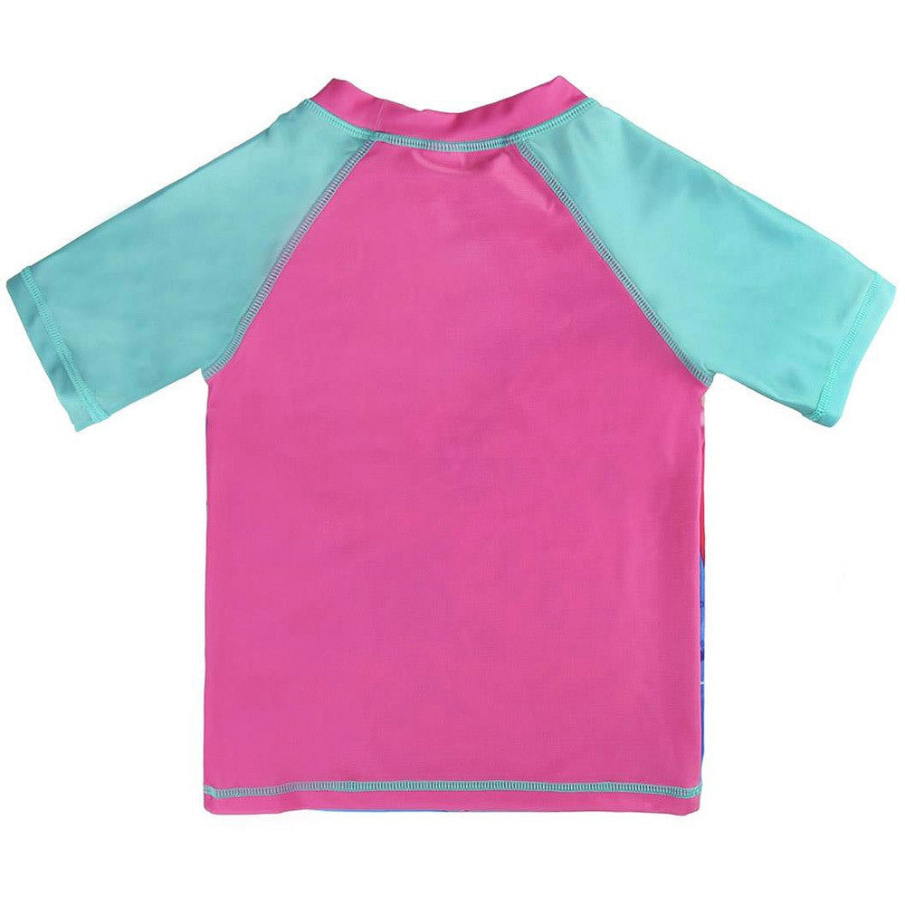 Girls’ pink swim top with aqua raglan sleeves and stitched trim, front view