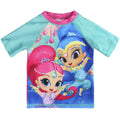 Kids' beach rash guard top with turquoise sleeves and pink trim, colorful character print