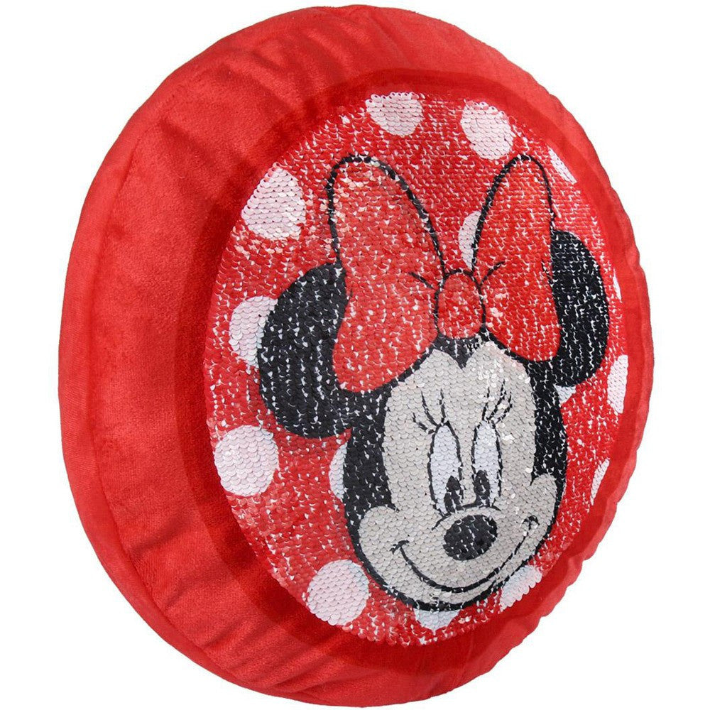 Red sequin Minnie cushion with bow and white polka dots, portrait side
