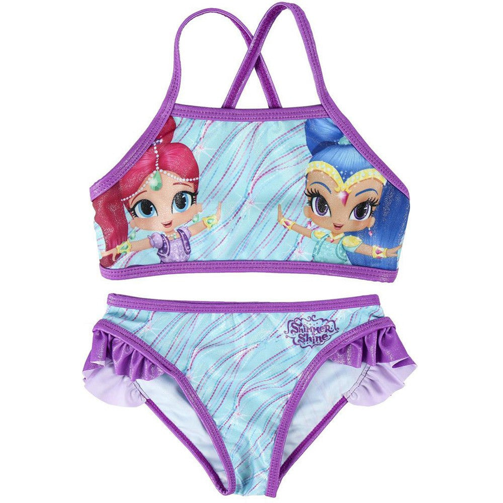Shimmer and Shine bikini with purple trim, character print, and ruffled bottoms