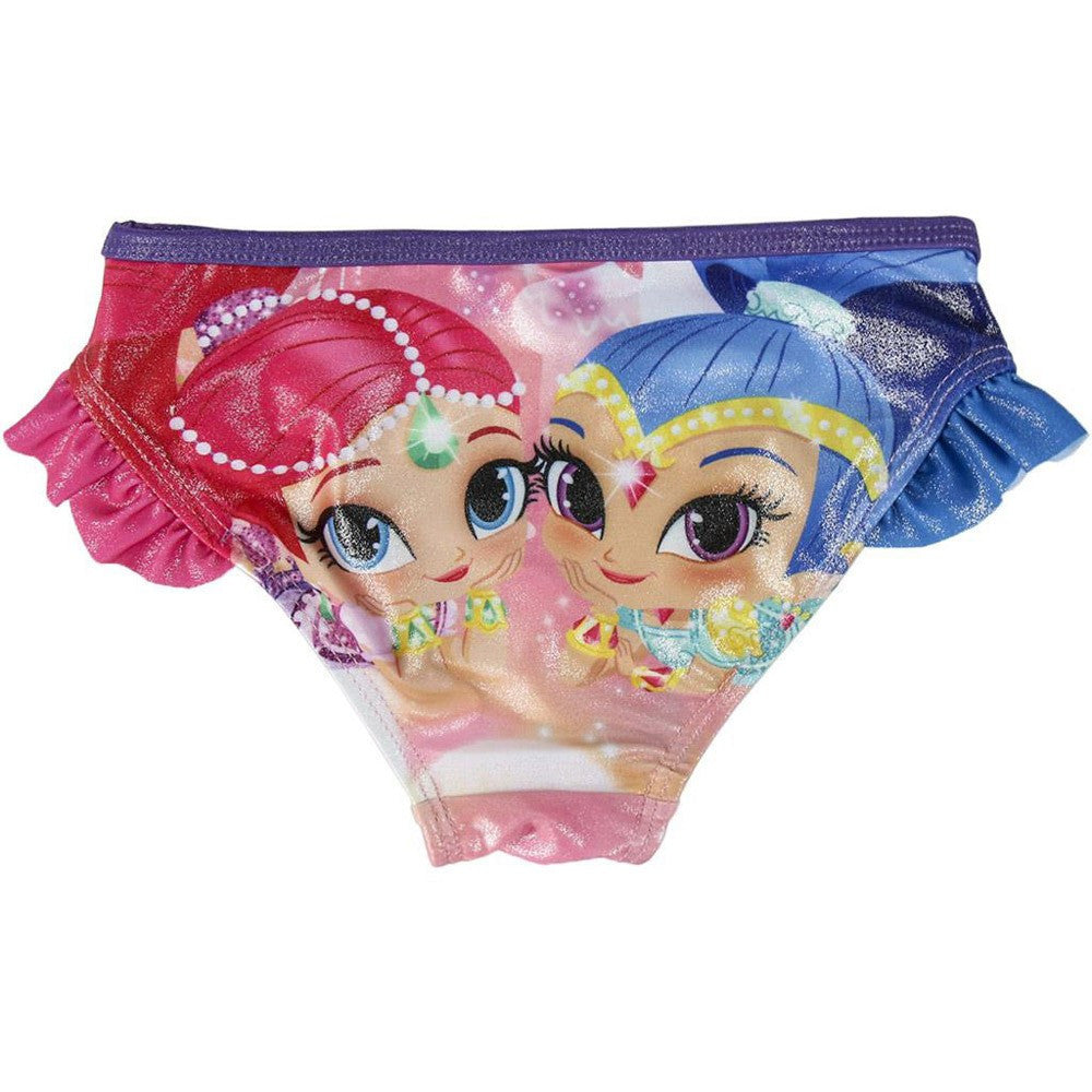 Girls' glittery swim briefs with blue-purple character print and ruffled leg trim