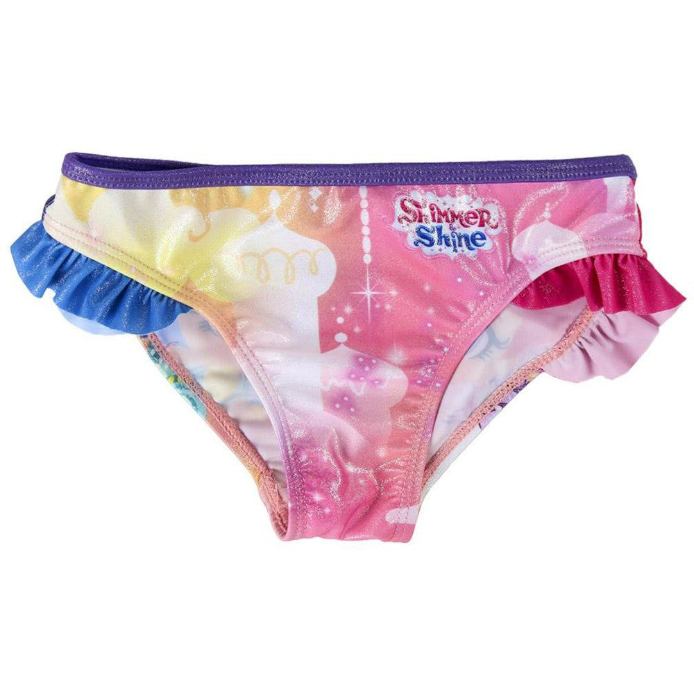Shimmer and Shine swim briefs in pink with multicolor ruffle trim and glitter graphic