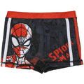 Spiderman swim trunks with red waistband and black graphic, white trim and drawstring