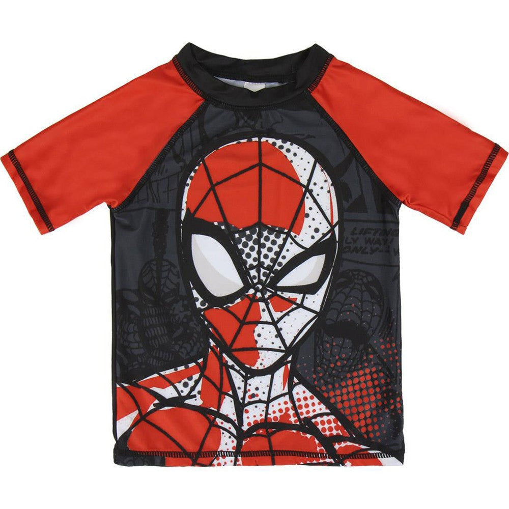 Kids' red-and-black comic sun protection beach top, short sleeves
