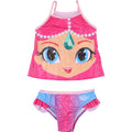 Girls' pink-and-blue graphic bikini set with ruffled shorts and tie straps