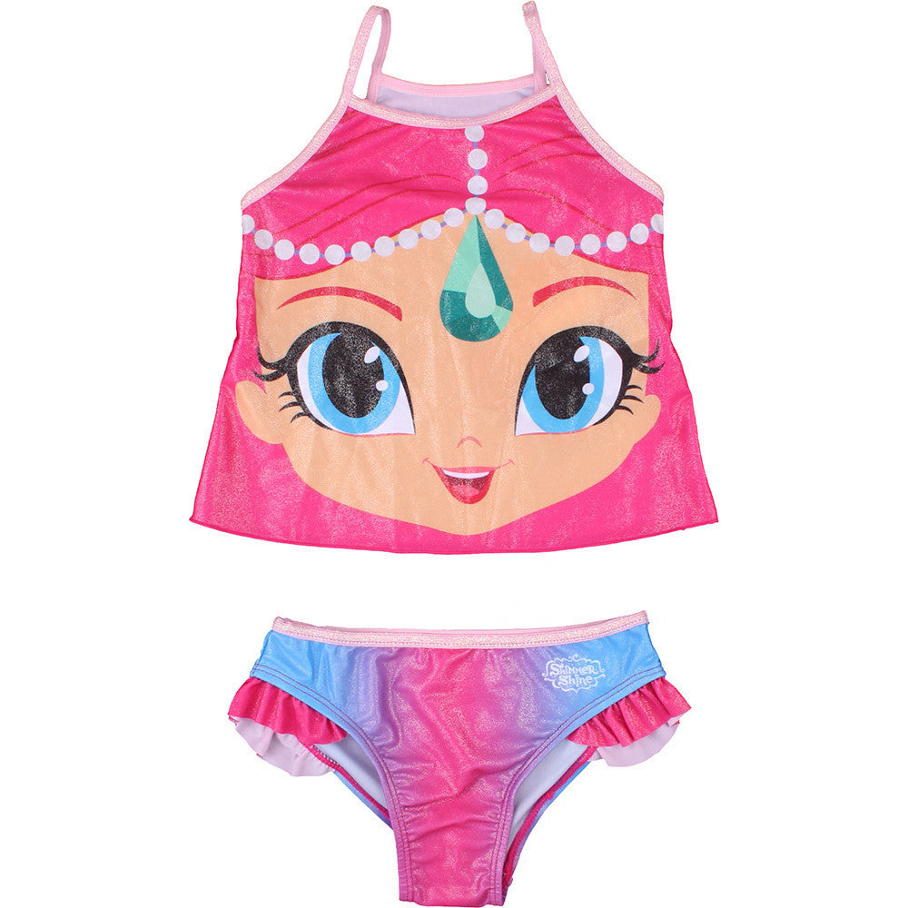 Girls' pink-and-blue graphic bikini set with ruffled shorts and tie straps