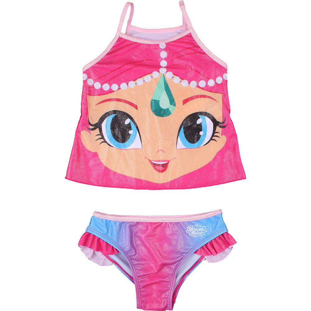Kids' cartoon-print bikini set with pink tank top and matching ruffle-trim briefs