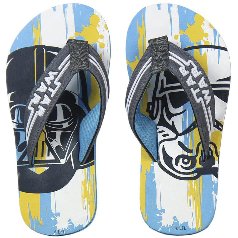 Star Wars flip flops, blue and white graphic, black strap with character art