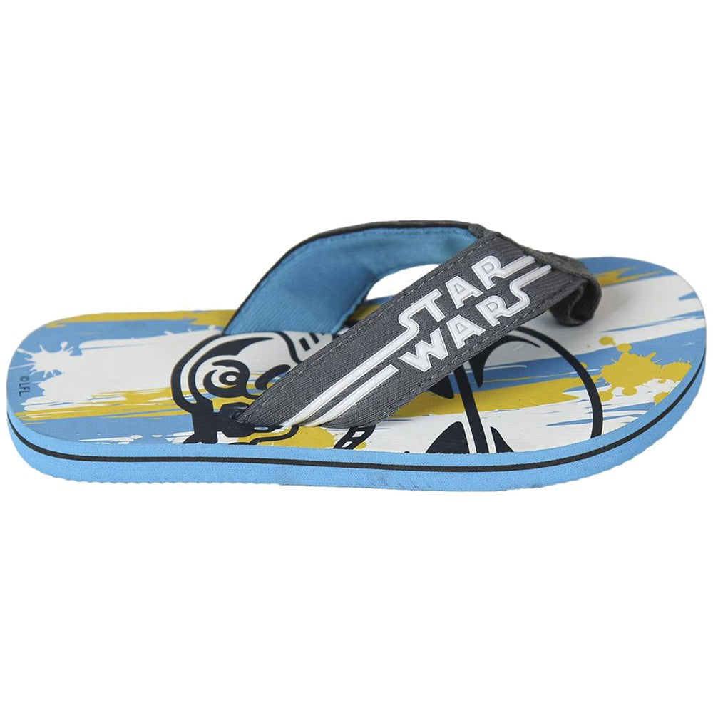 Star Wars flip flops side view, blue flip sole with black strap and logo