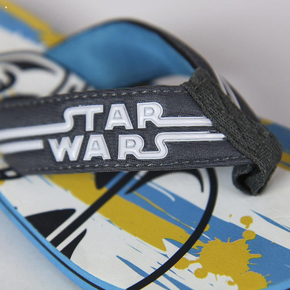 Star Wars flip flop close-up, black strap with white STAR WARS lettering