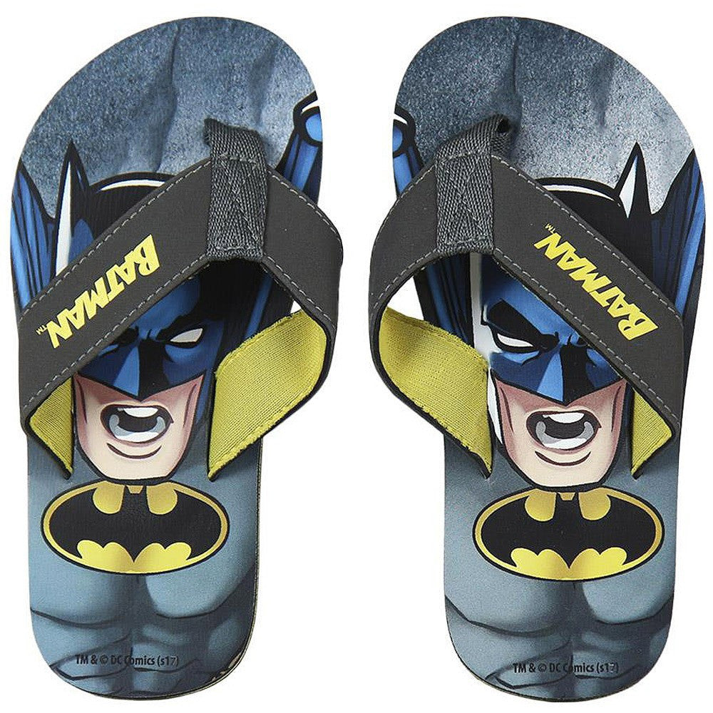 Batman flip flops with gray straps, Batman graphic and yellow logo